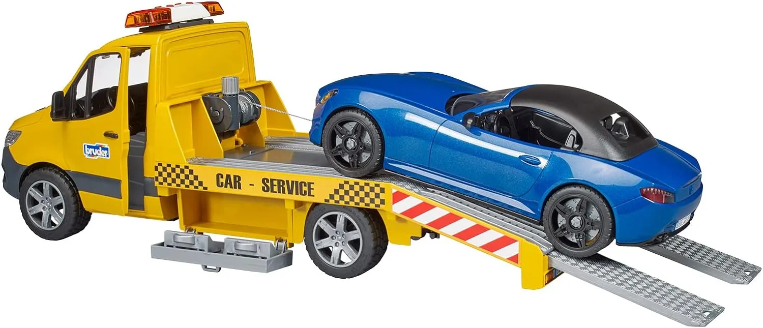 Bruder 02675 MB Sprinter Transporter Flatbed Tow Truck and Roadster, Light & Sound Module