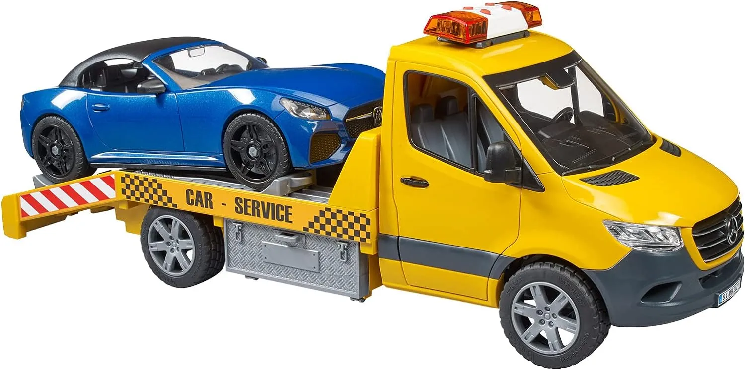 Bruder 02675 MB Sprinter Transporter Flatbed Tow Truck and Roadster, Light & Sound Module
