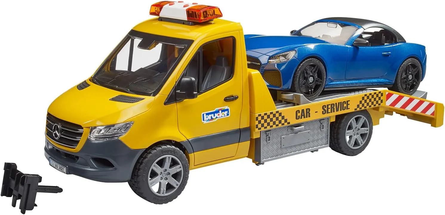 Bruder 02675 MB Sprinter Transporter Flatbed Tow Truck and Roadster, Light & Sound Module