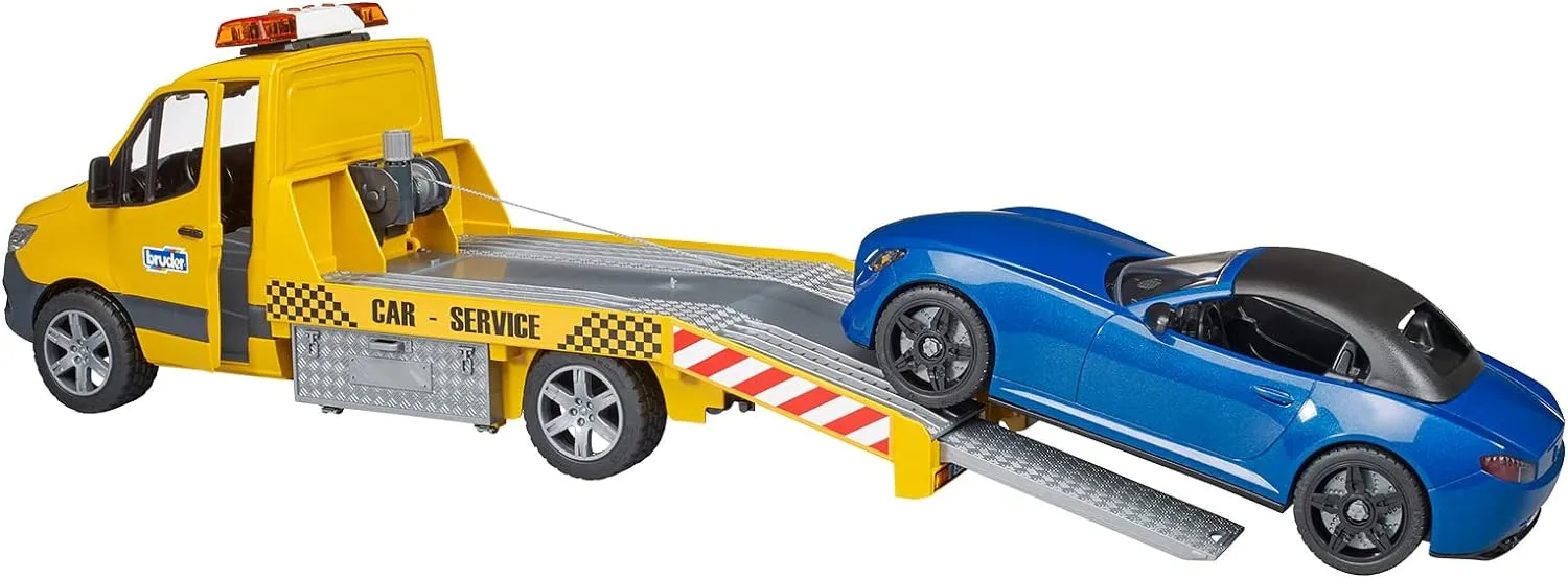 Bruder 02675 MB Sprinter Transporter Flatbed Tow Truck and Roadster, Light & Sound Module