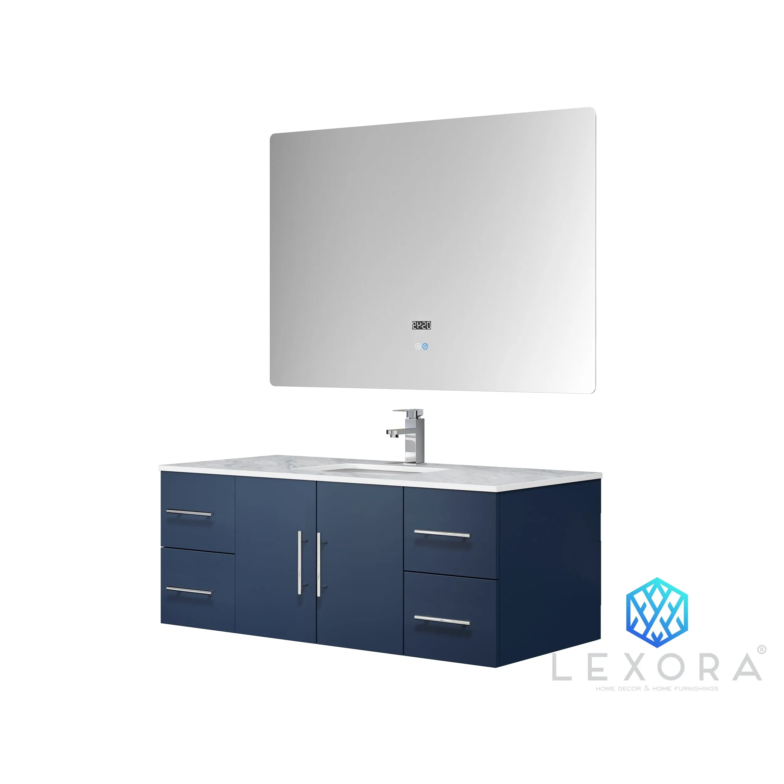 Geneva 48" Navy Blue Single Vanity, White Carrara Marble Top, White Square Sink and no Mirror