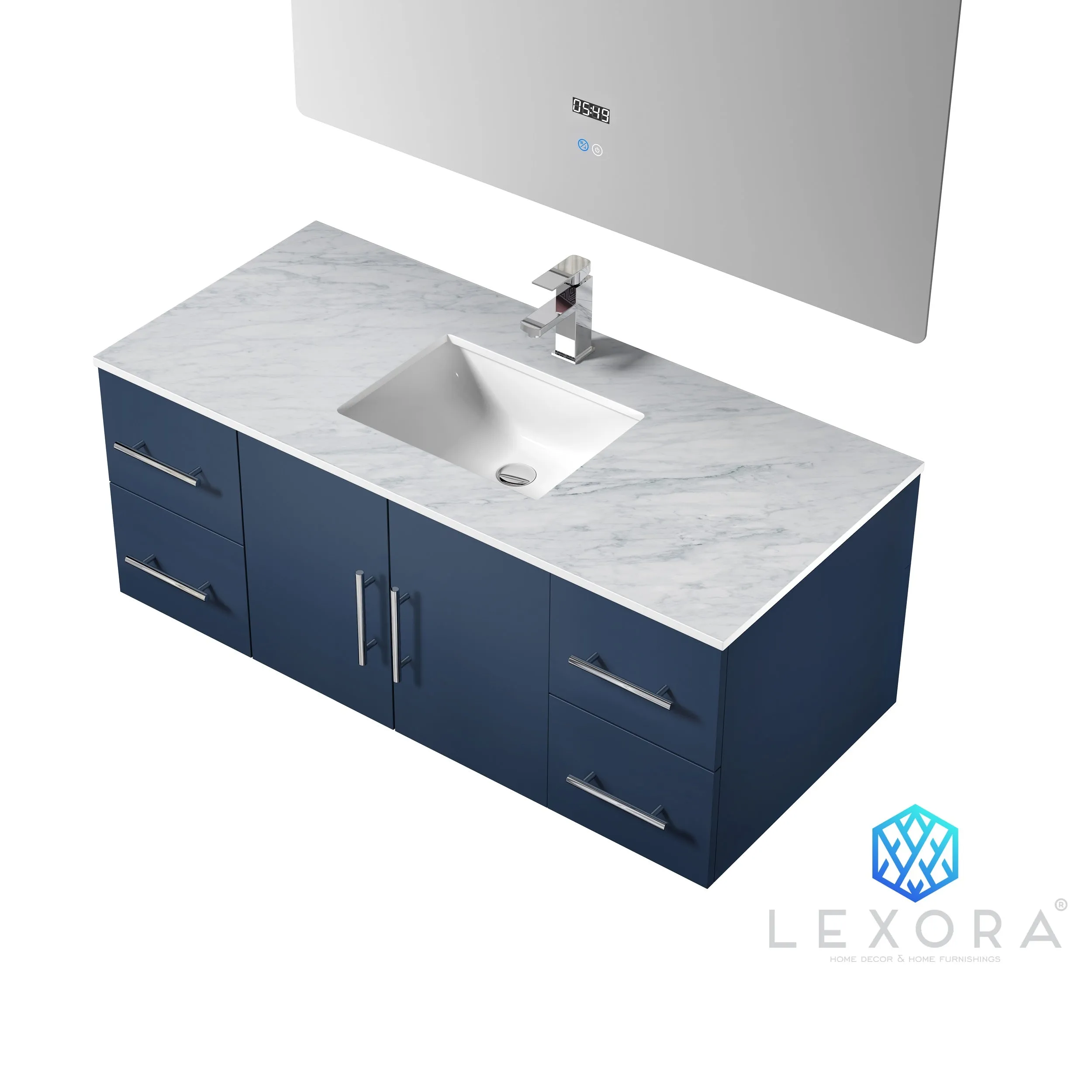 Geneva 48" Navy Blue Single Vanity, White Carrara Marble Top, White Square Sink and no Mirror