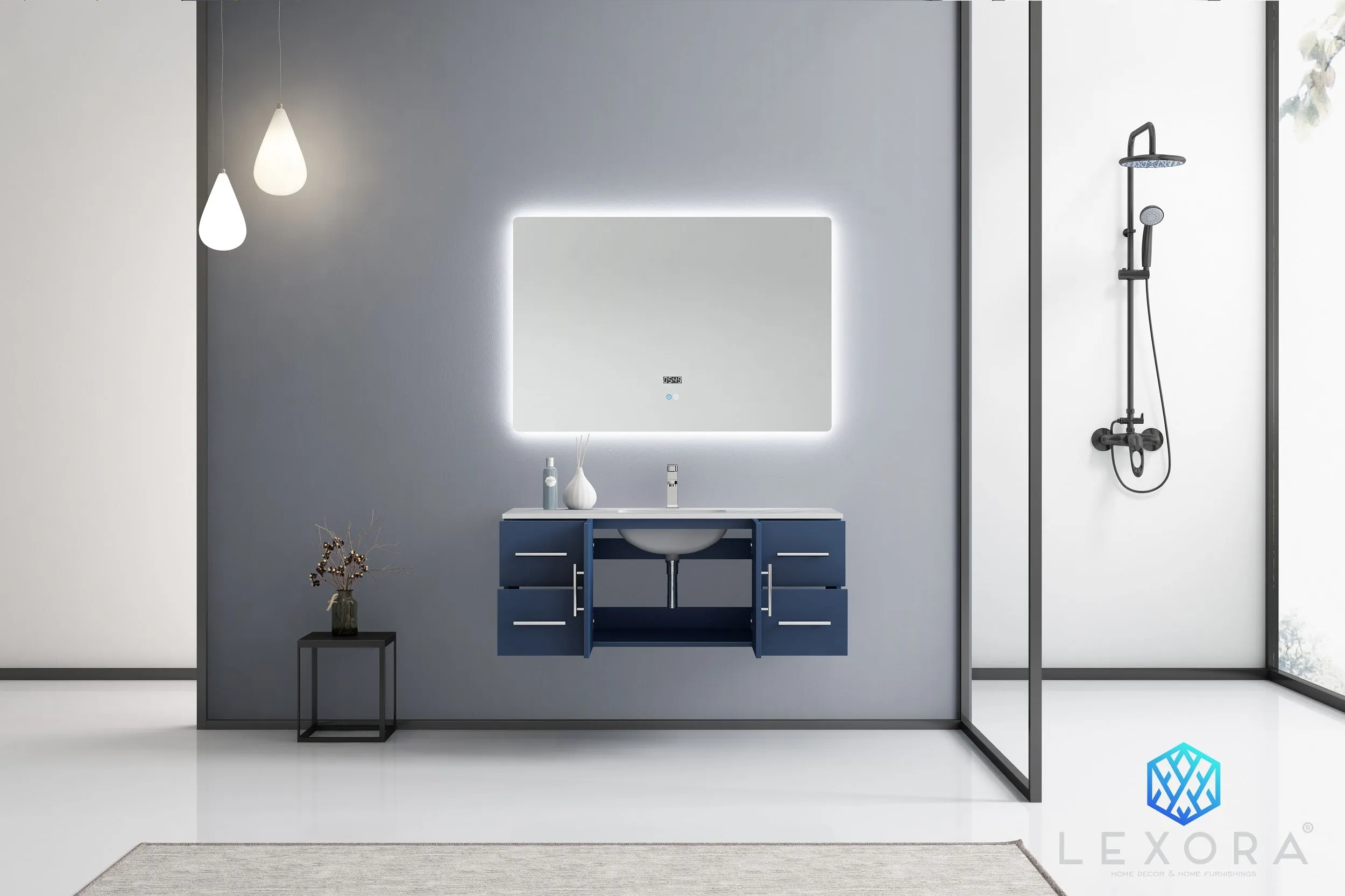 Geneva 48" Navy Blue Single Vanity, White Carrara Marble Top, White Square Sink and no Mirror