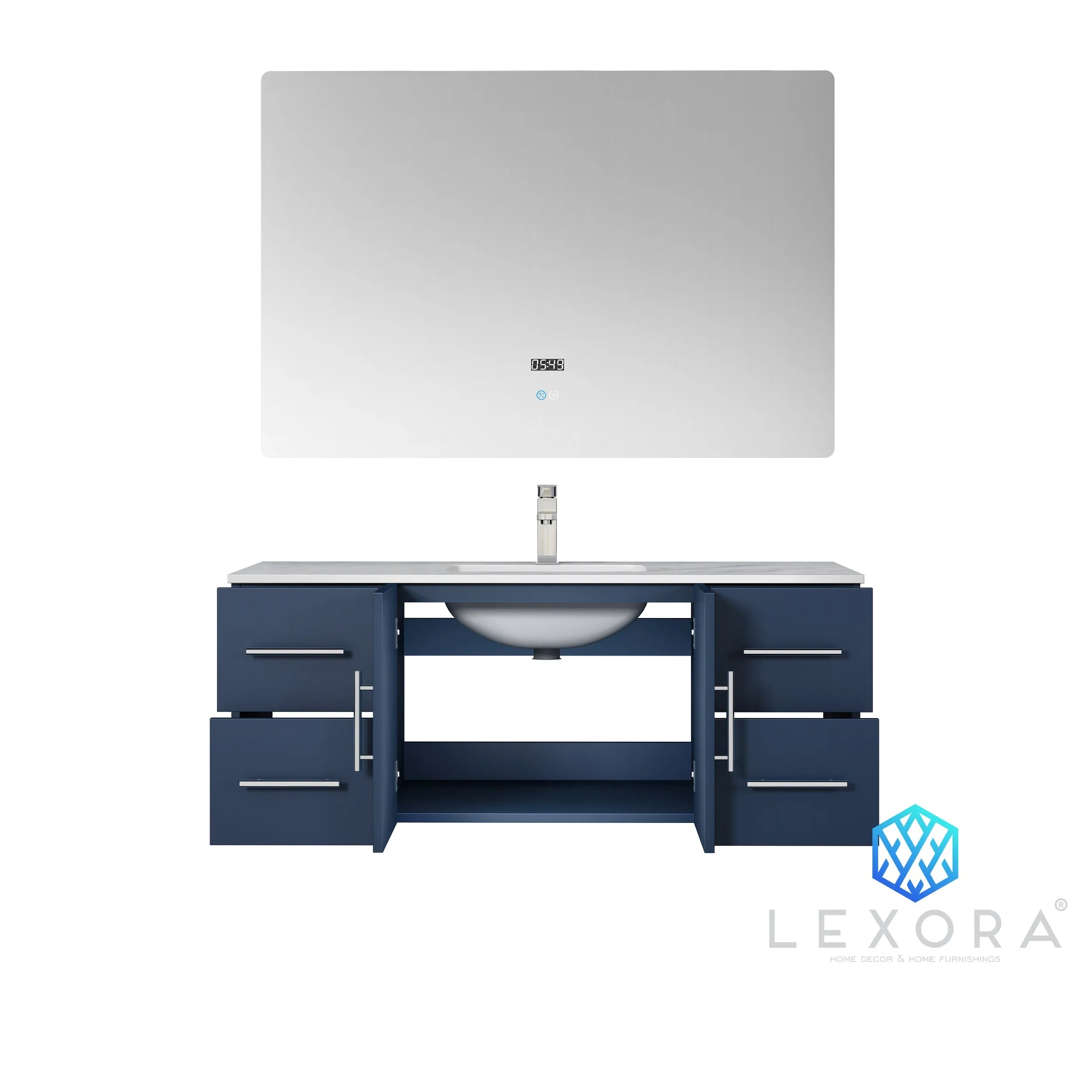 Geneva 48" Navy Blue Single Vanity, White Carrara Marble Top, White Square Sink and no Mirror