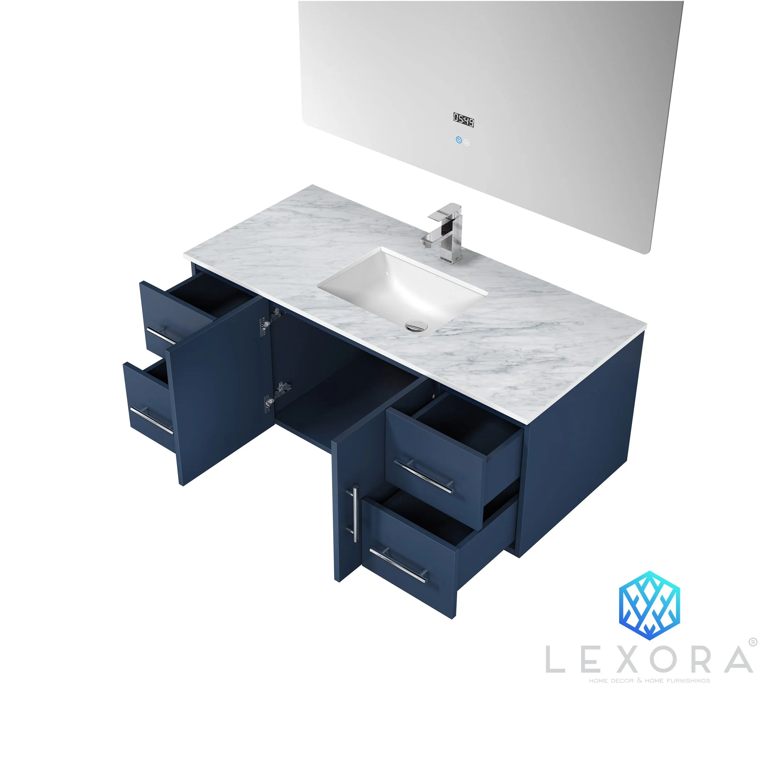 Geneva 48" Navy Blue Single Vanity, White Carrara Marble Top, White Square Sink and no Mirror