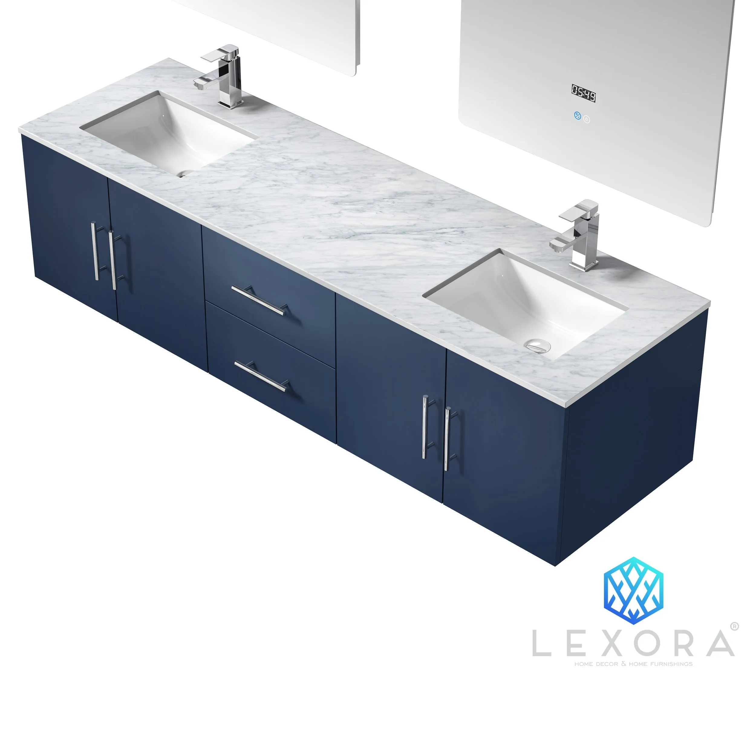 Geneva 72" Navy Blue Double Vanity, no Top and 30" LED Mirrors