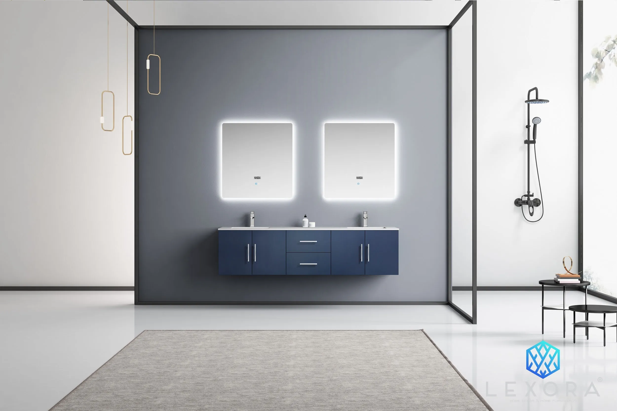 Geneva 72" Navy Blue Double Vanity, no Top and 30" LED Mirrors
