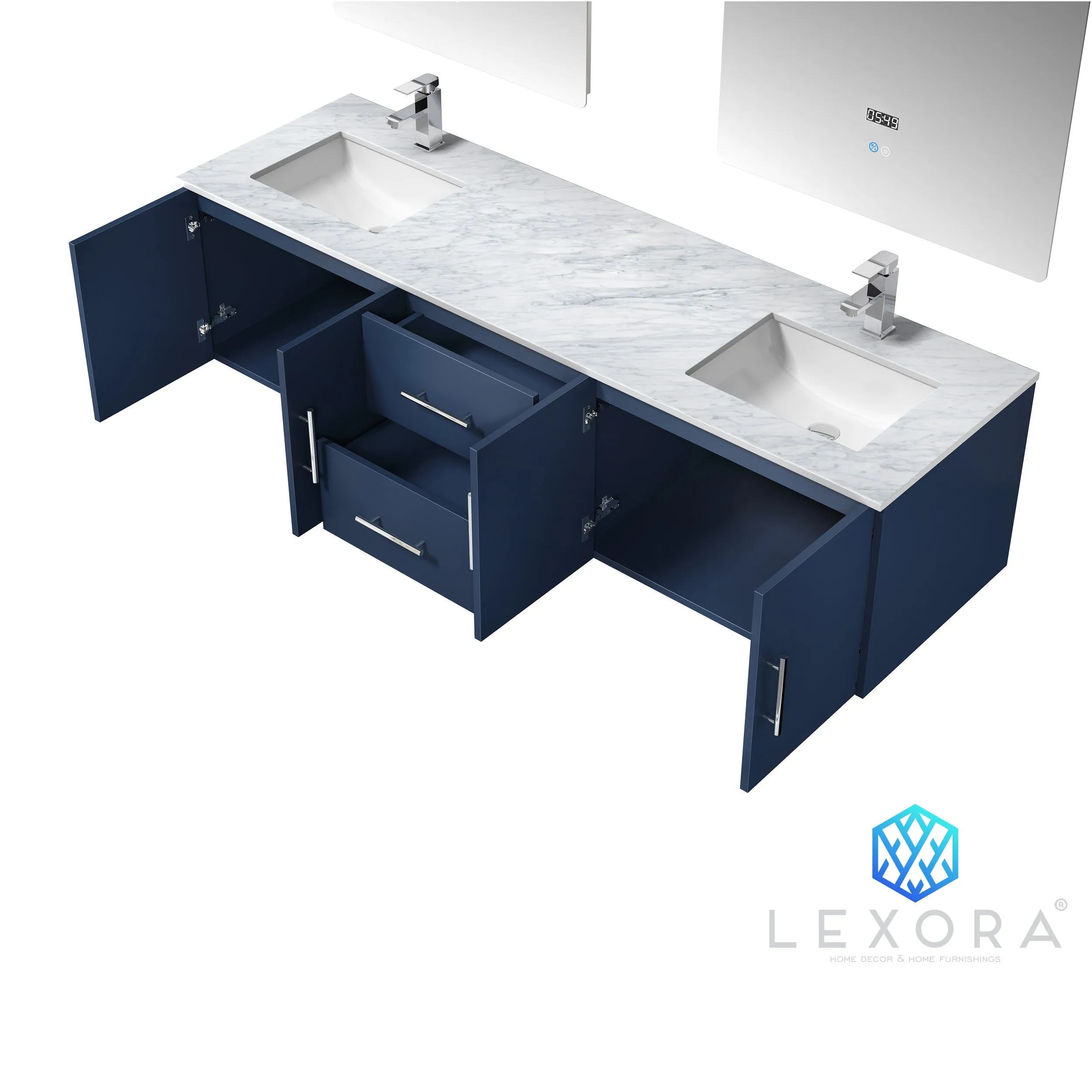 Geneva 72" Navy Blue Double Vanity, no Top and 30" LED Mirrors
