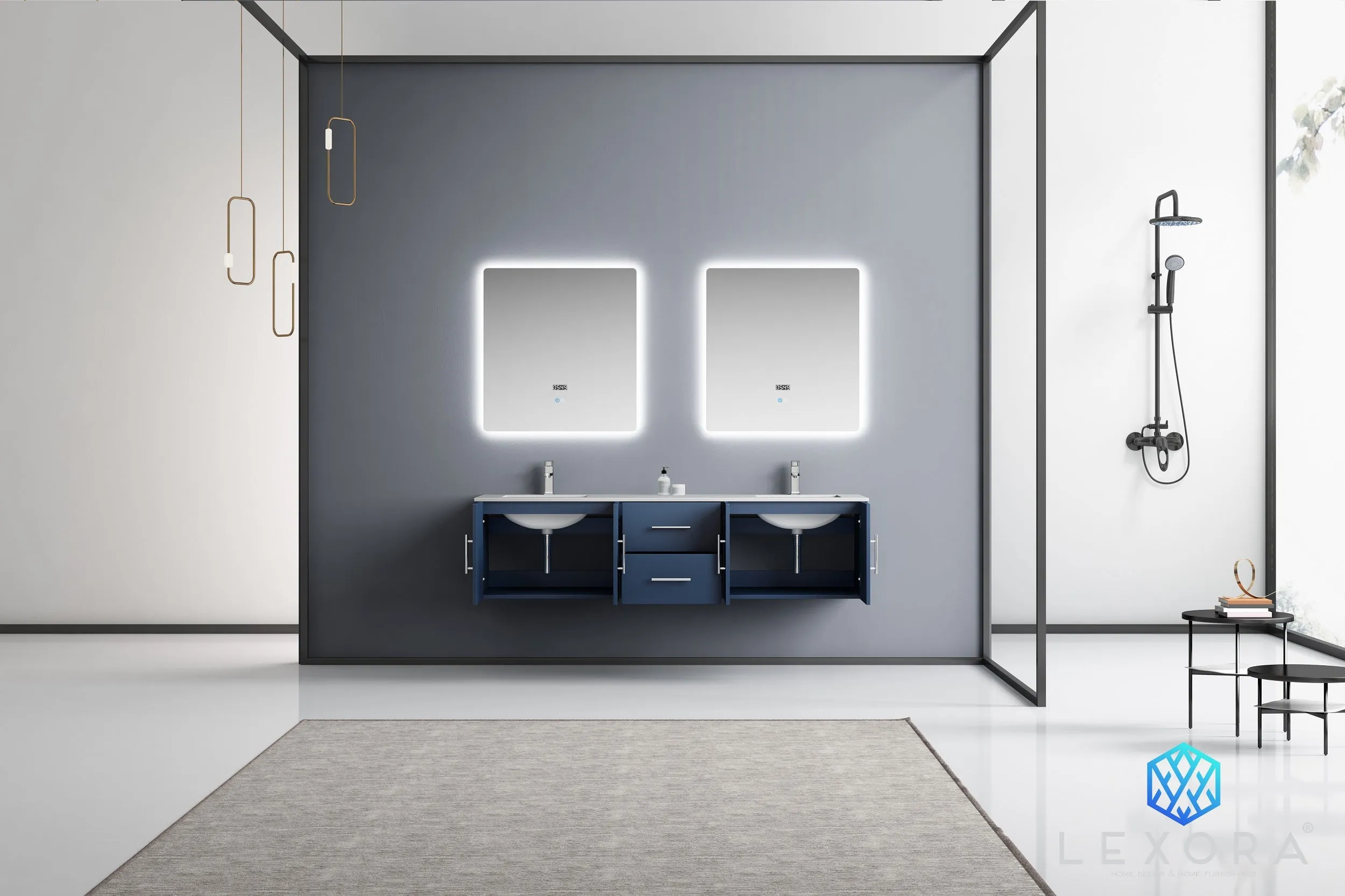Geneva 72" Navy Blue Double Vanity, no Top and 30" LED Mirrors