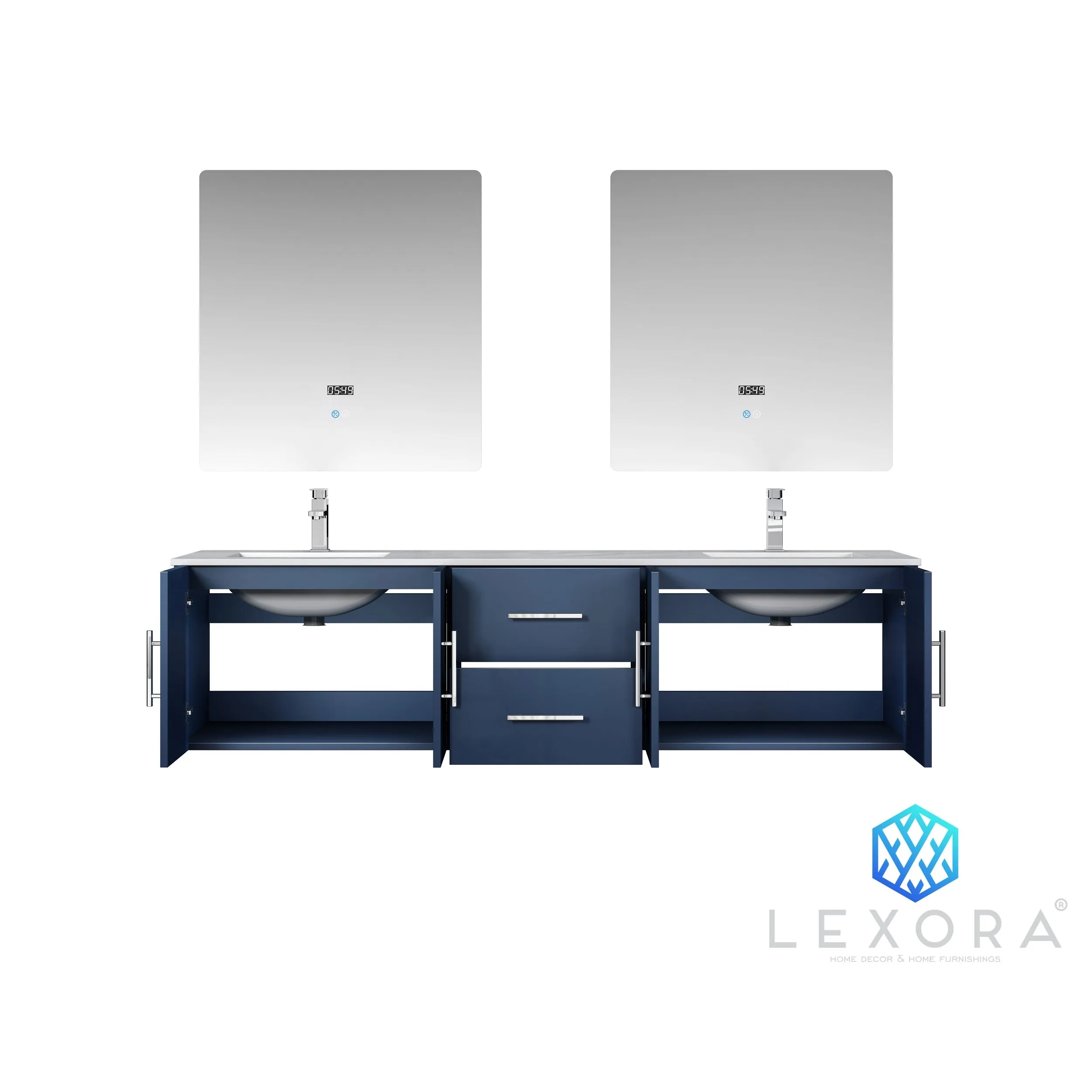 Geneva 72" Navy Blue Double Vanity, no Top and 30" LED Mirrors