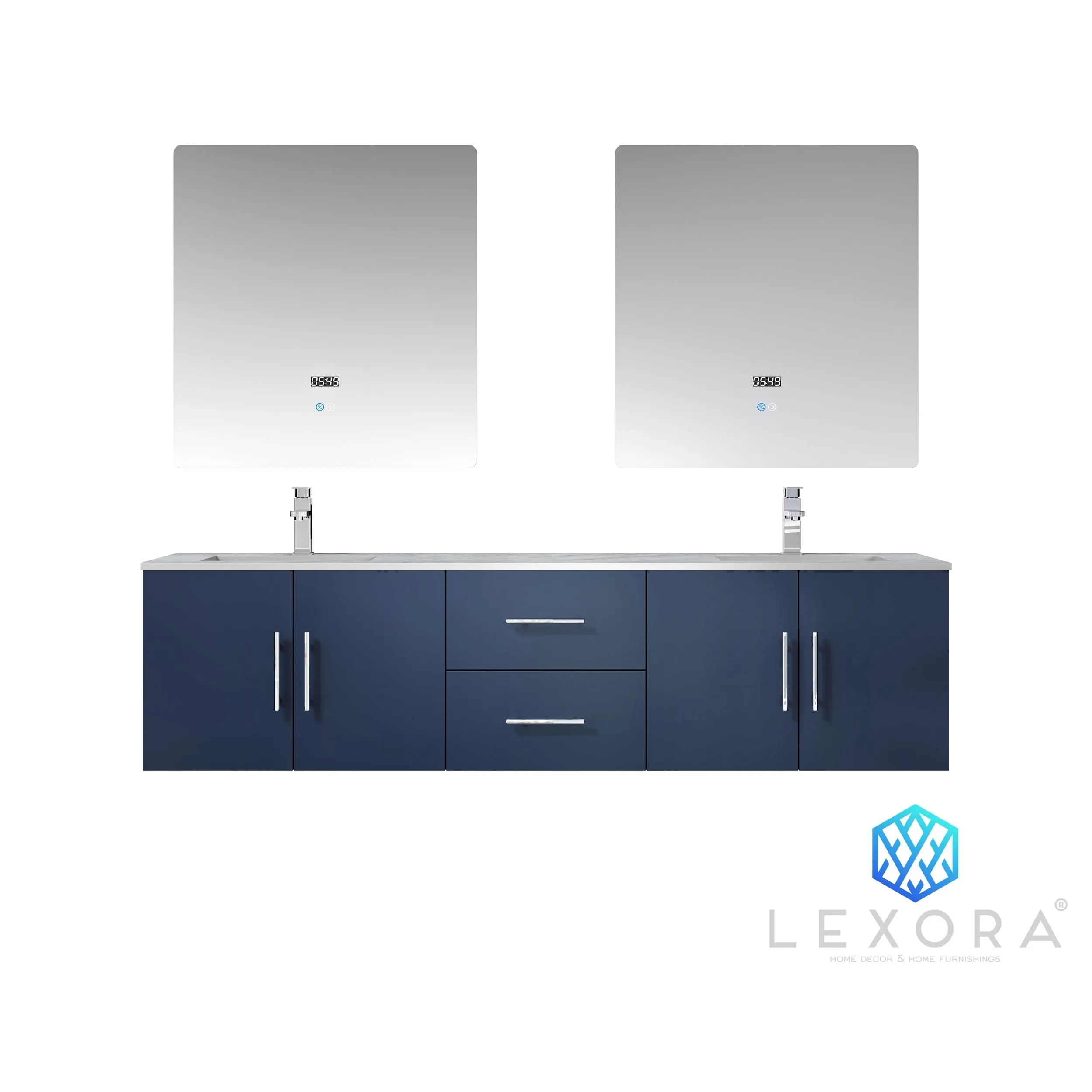 Geneva 72" Navy Blue Double Vanity, no Top and 30" LED Mirrors