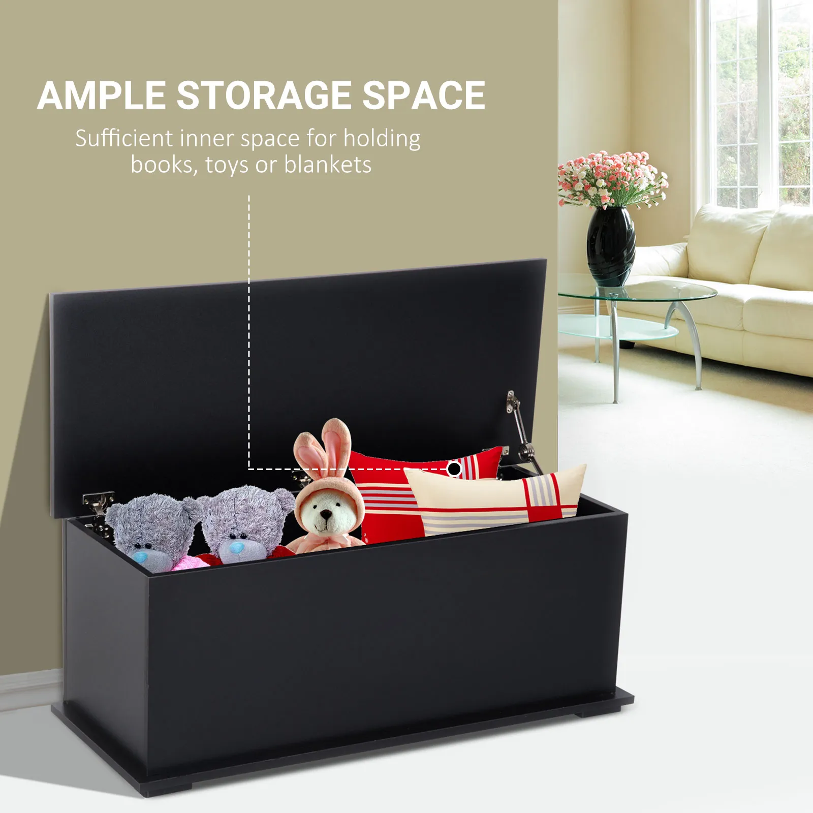 HOMCOM Black Wooden Storage Box - Multifunctional Clothes Toy Chest & Bench Seat with Lid