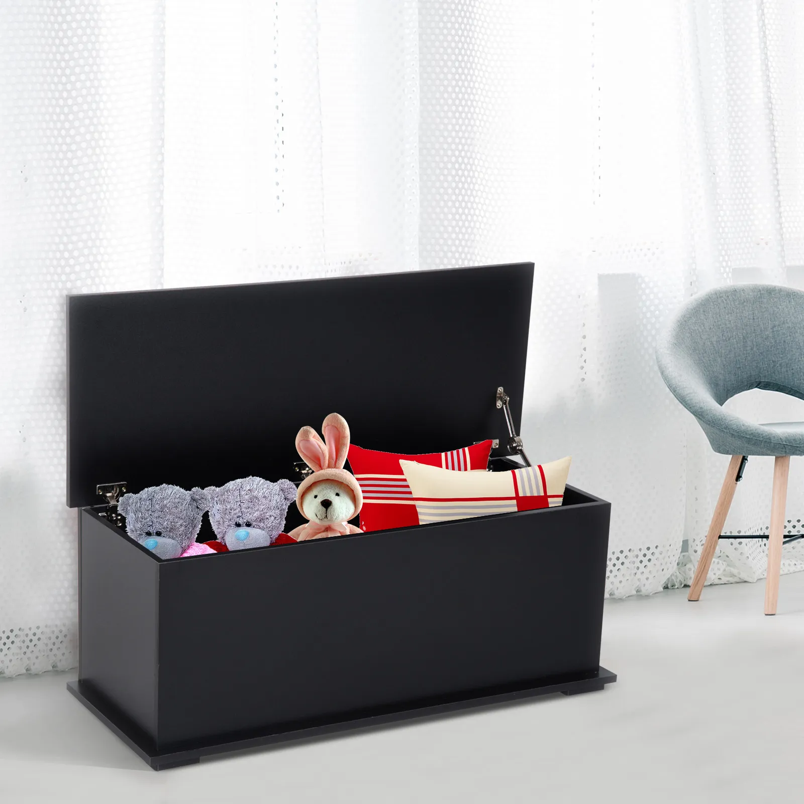 HOMCOM Black Wooden Storage Box - Multifunctional Clothes Toy Chest & Bench Seat with Lid