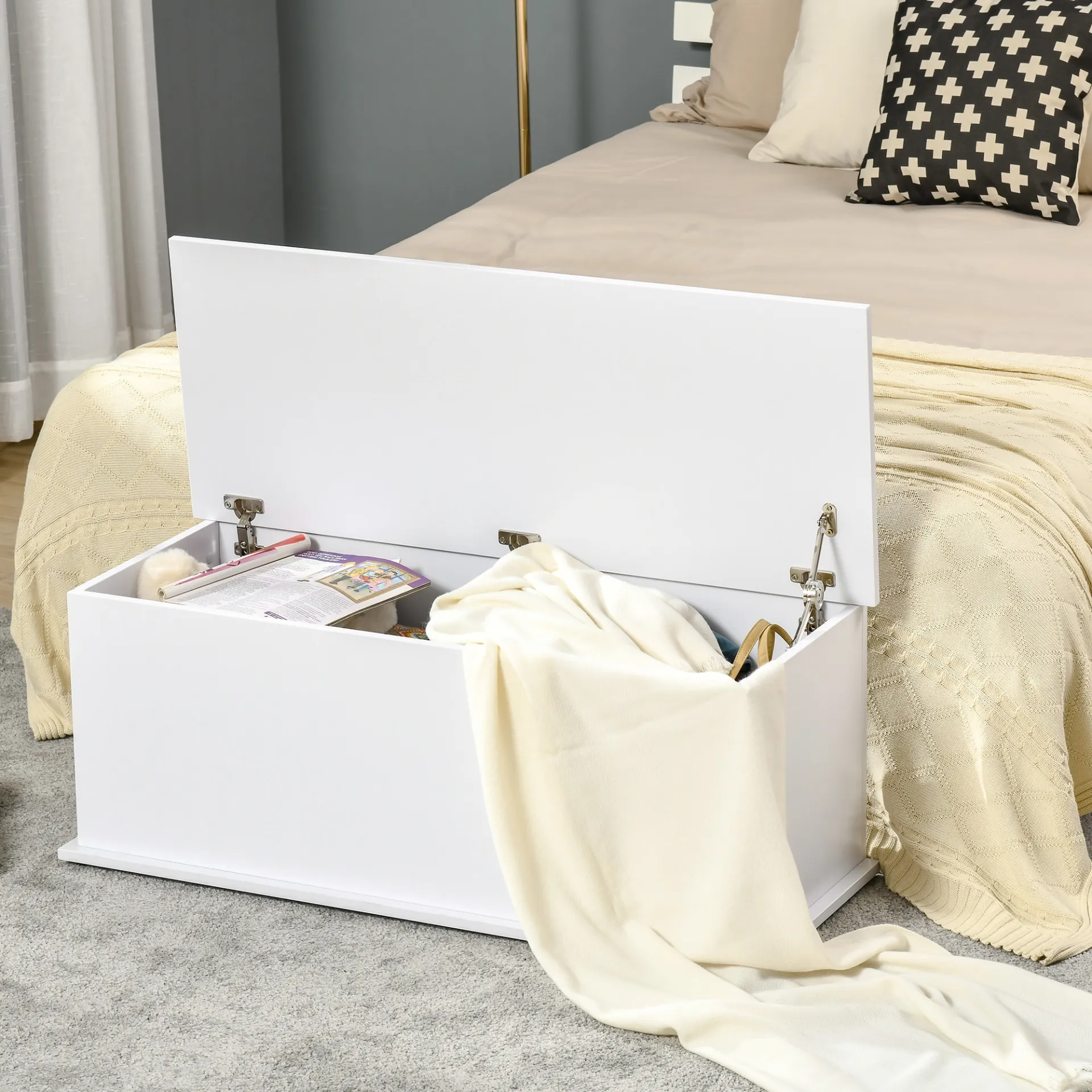 HOMCOM White Wooden Storage Box – Multi-functional Clothes, Toy Chest, Bench Seat, Ottoman, Blanket Trunk with Lid