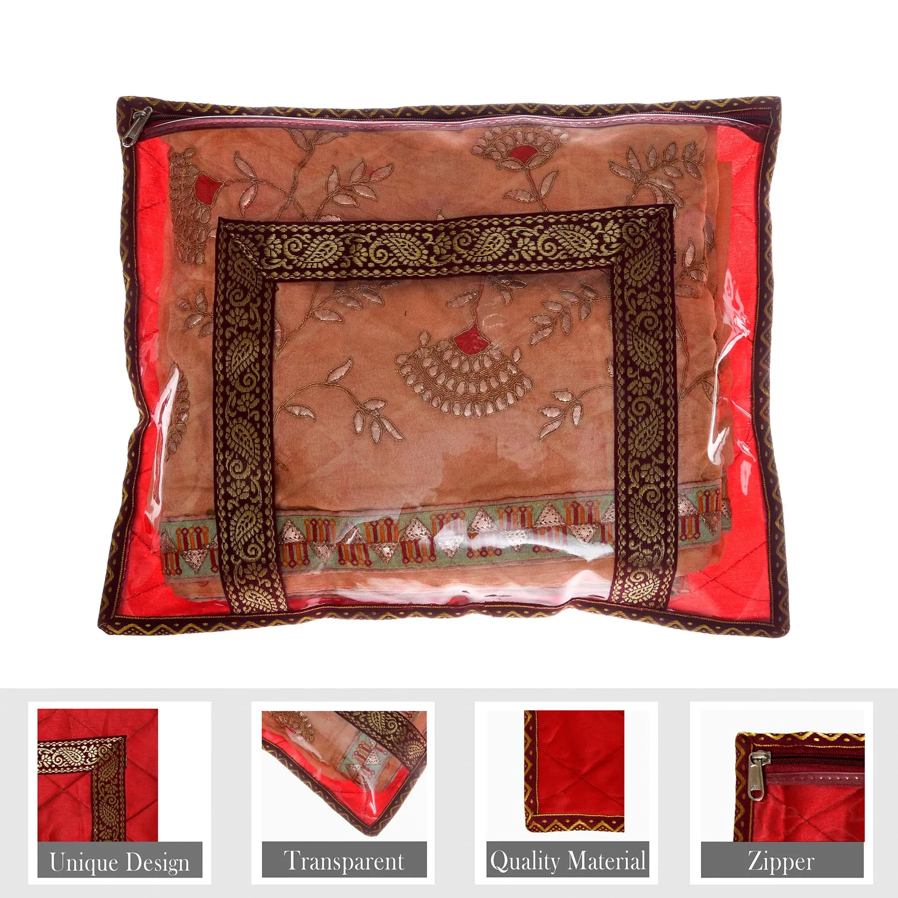 Kuber Industries Saree Cover | Zipper Closure Single Packing Saree Bag | Clothes Saree Stoarge Organizer | Wardrobe Organizer with Handle | Transparent View Packing Saree Cover | Pack of 9 | Brown