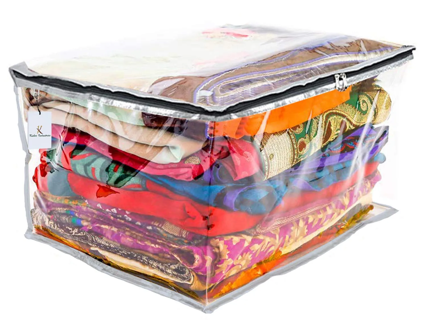 Kuber Industries Transparent Saree Covers With Zip|Saree Covers For Storage|Saree Packing Covers For Wedding|Pack of 4 (Silver)