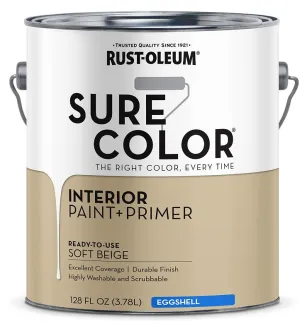 Rust-Oleum Sure Color 380222 Interior Wall Paint, Eggshell, Soft Beige, 1 gal, Can, 400 sq-ft Coverage Area :GAL: QUANTITY: 2